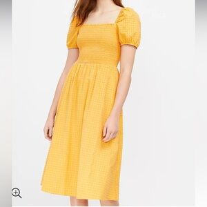 Smocked Puff Sleeve Pocket Midi Dress Warm Papaya shade pink texture polka dots